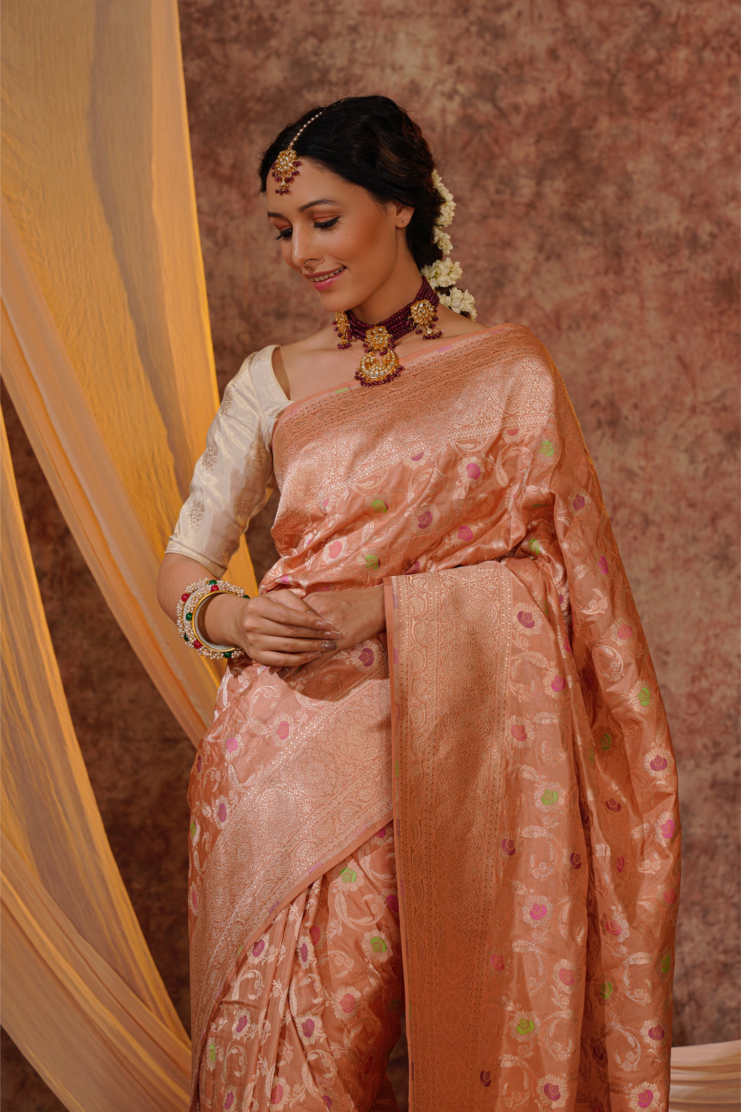 Peach Pure Katan Silk Handloom Meenakari Banarasi Saree.
