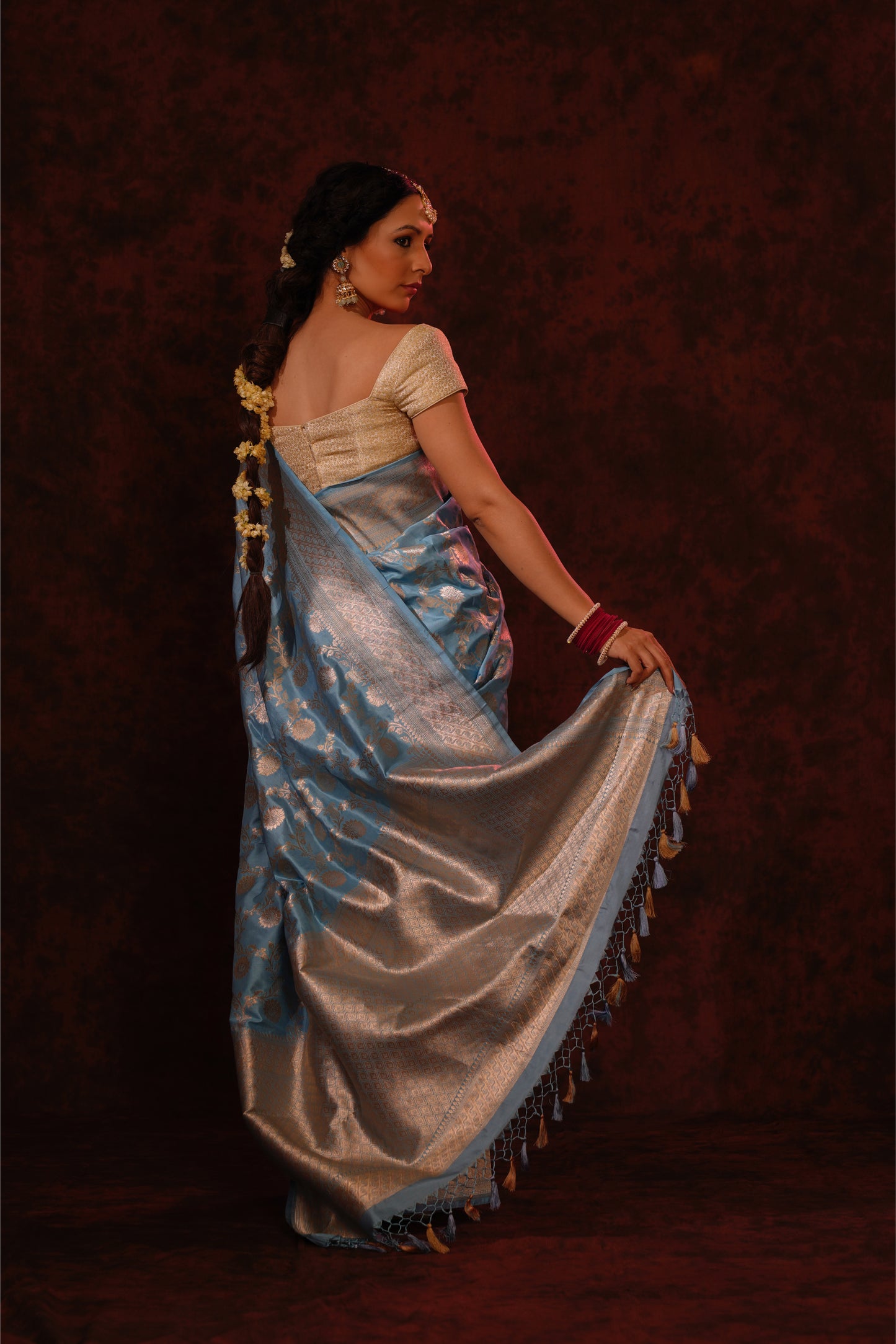 Sky Blue Pure Katan Silk Handloom Banarasi Saree.