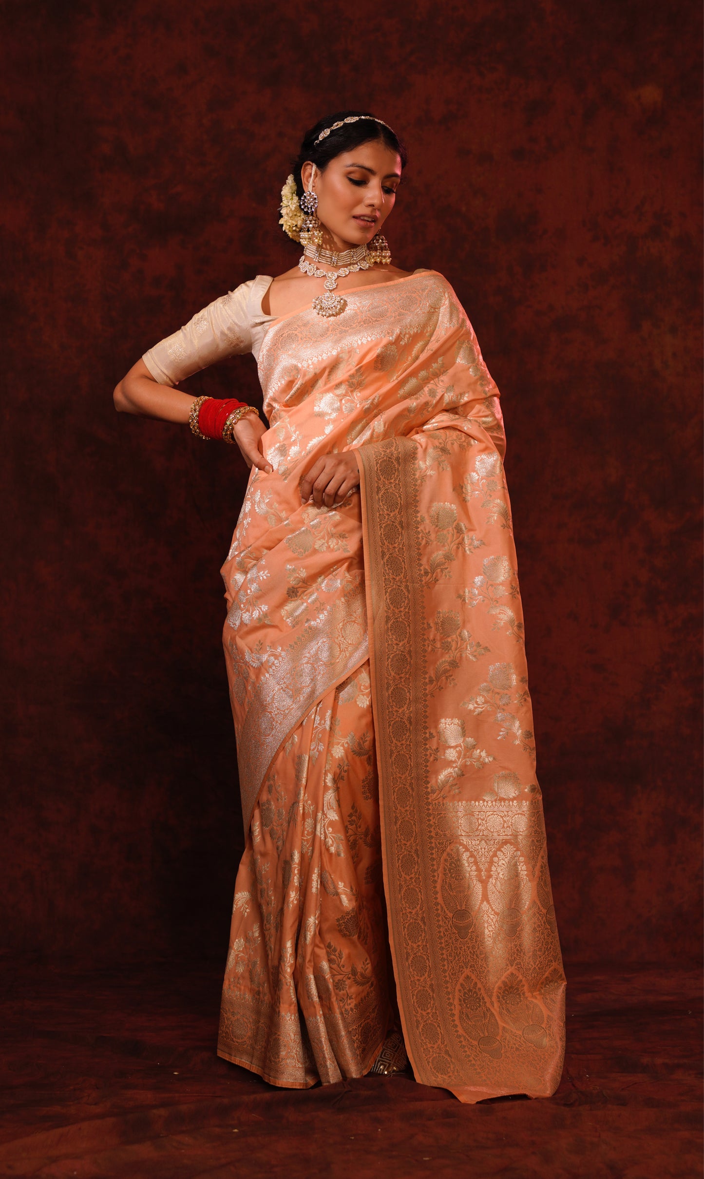 Tropical Peach Pure Katan Silk Handloom Banarasi Saree.
