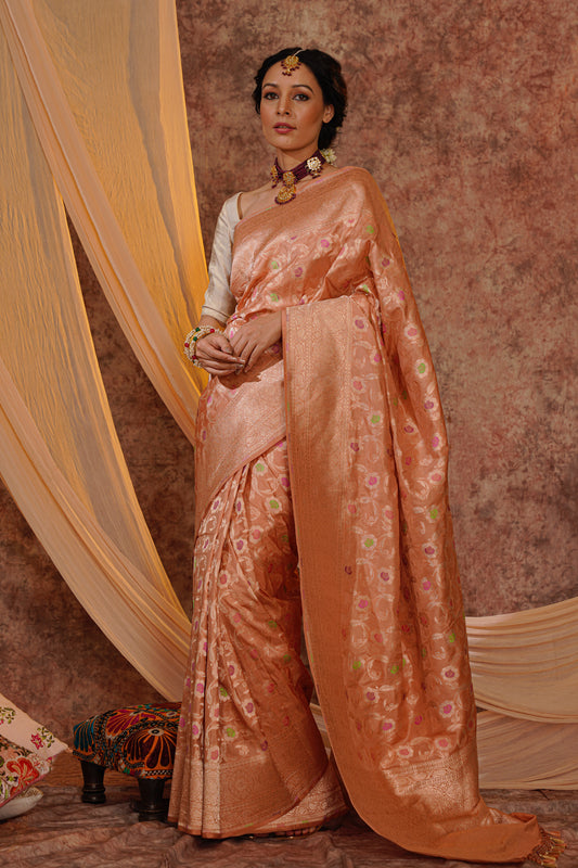 Peach Pure Katan Silk Handloom Meenakari Banarasi Saree.