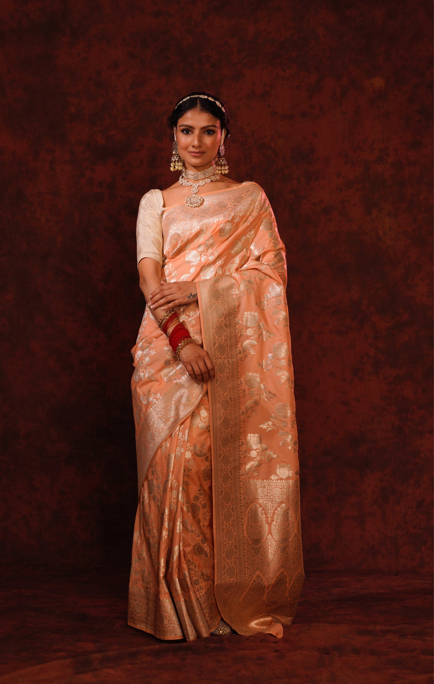 Tropical Peach Pure Katan Silk Handloom Banarasi Saree.