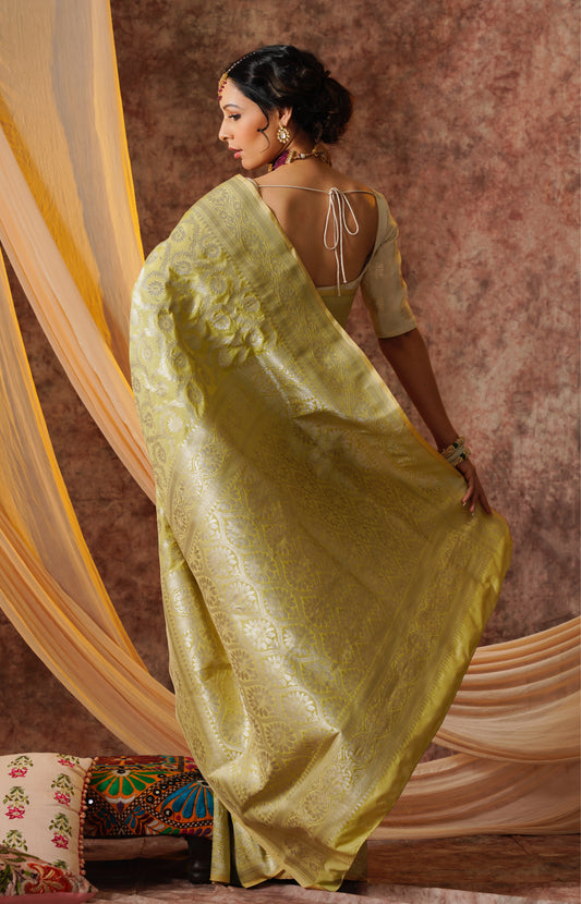 Pastel Green Pure Katan Silk Handloom Banarasi Saree.