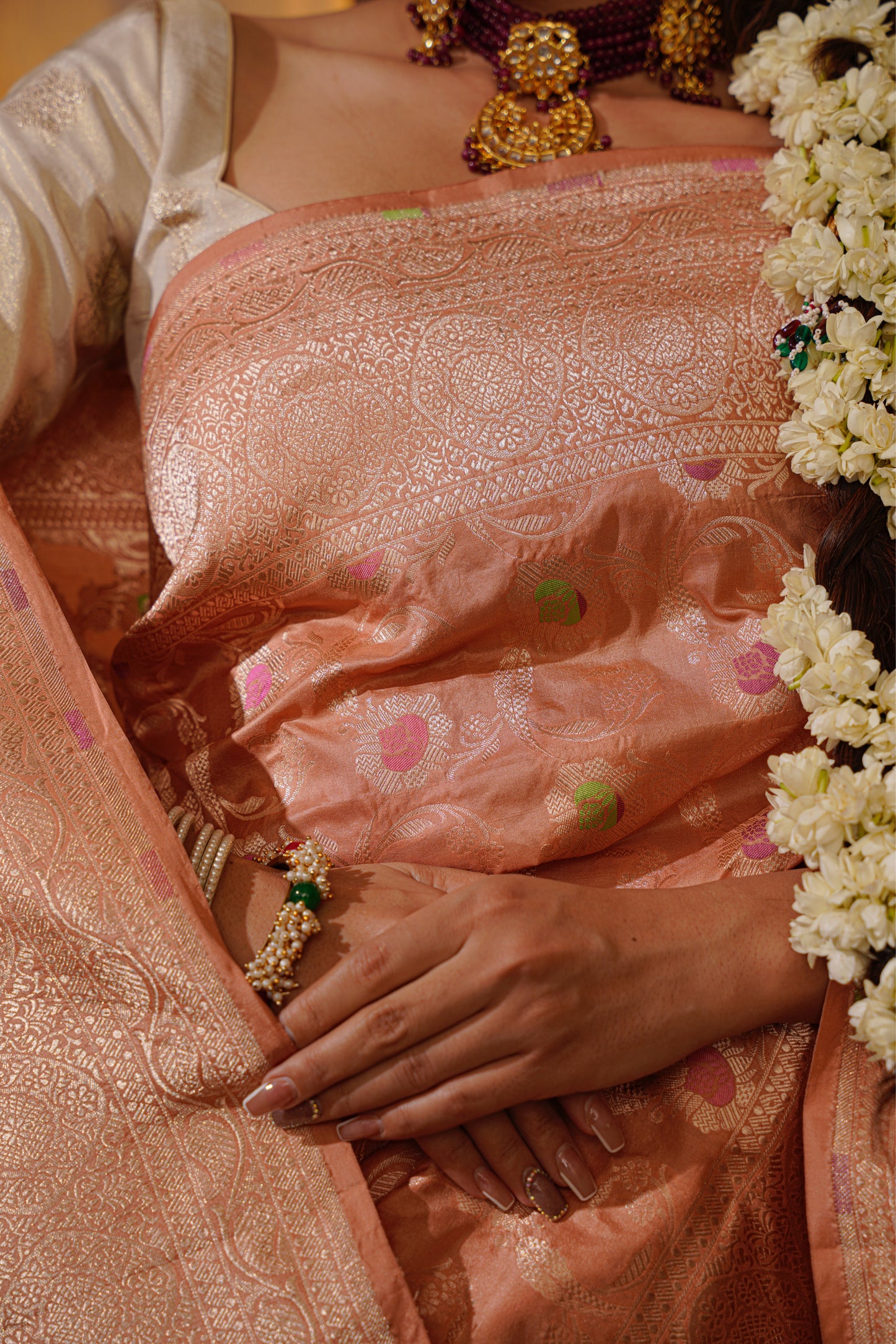 Peach Pure Katan Silk Handloom Meenakari Banarasi Saree.