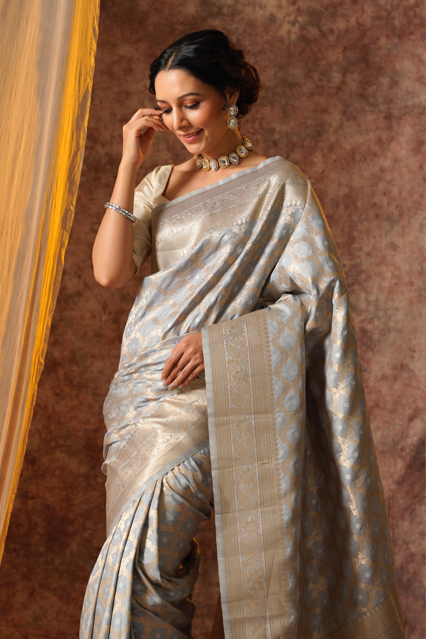 Grey Pure Katan Silk Handloom Meenakari Banarasi Saree.