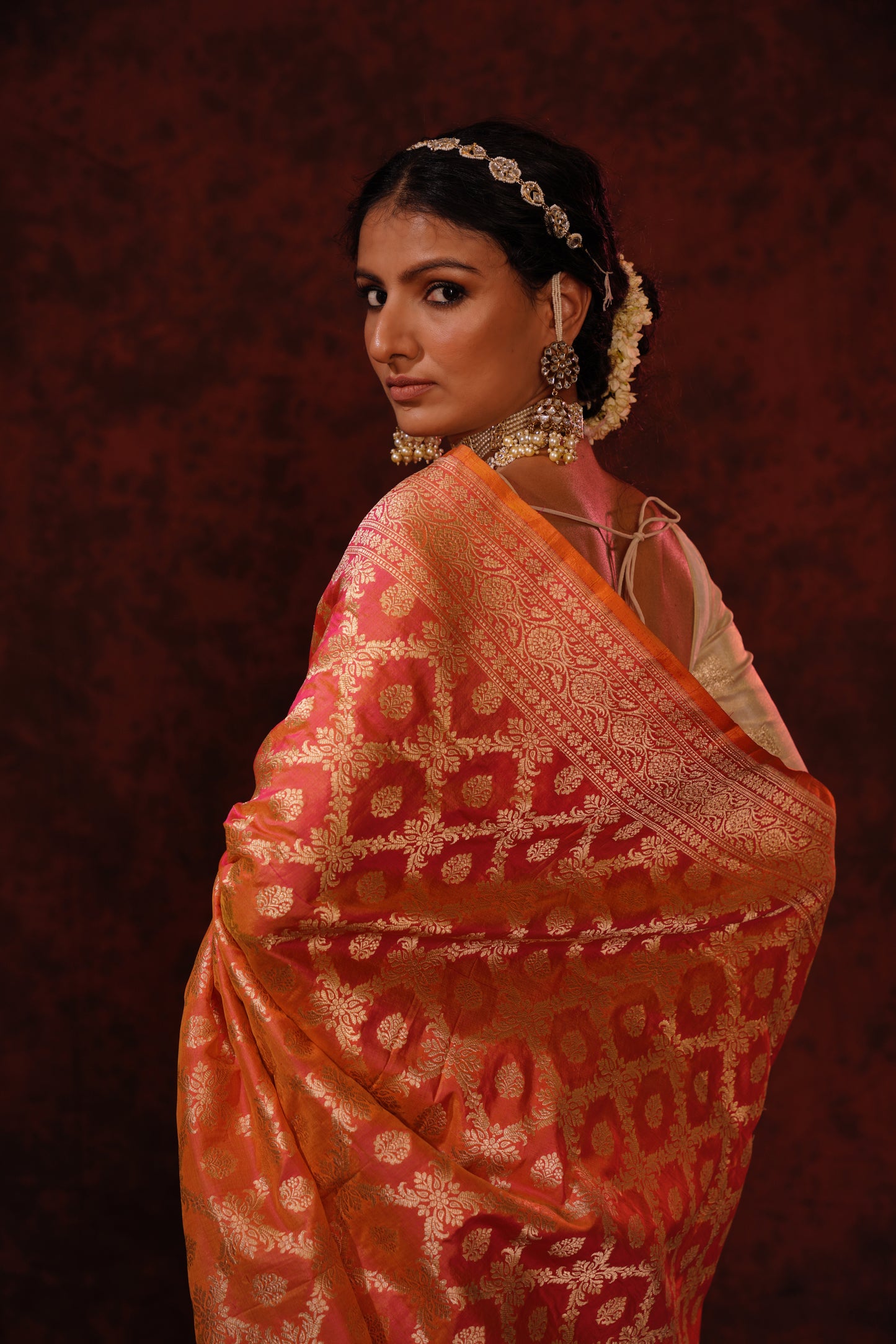 Orange Pink Pure Katan Silk Handloom Banarasi Saree.