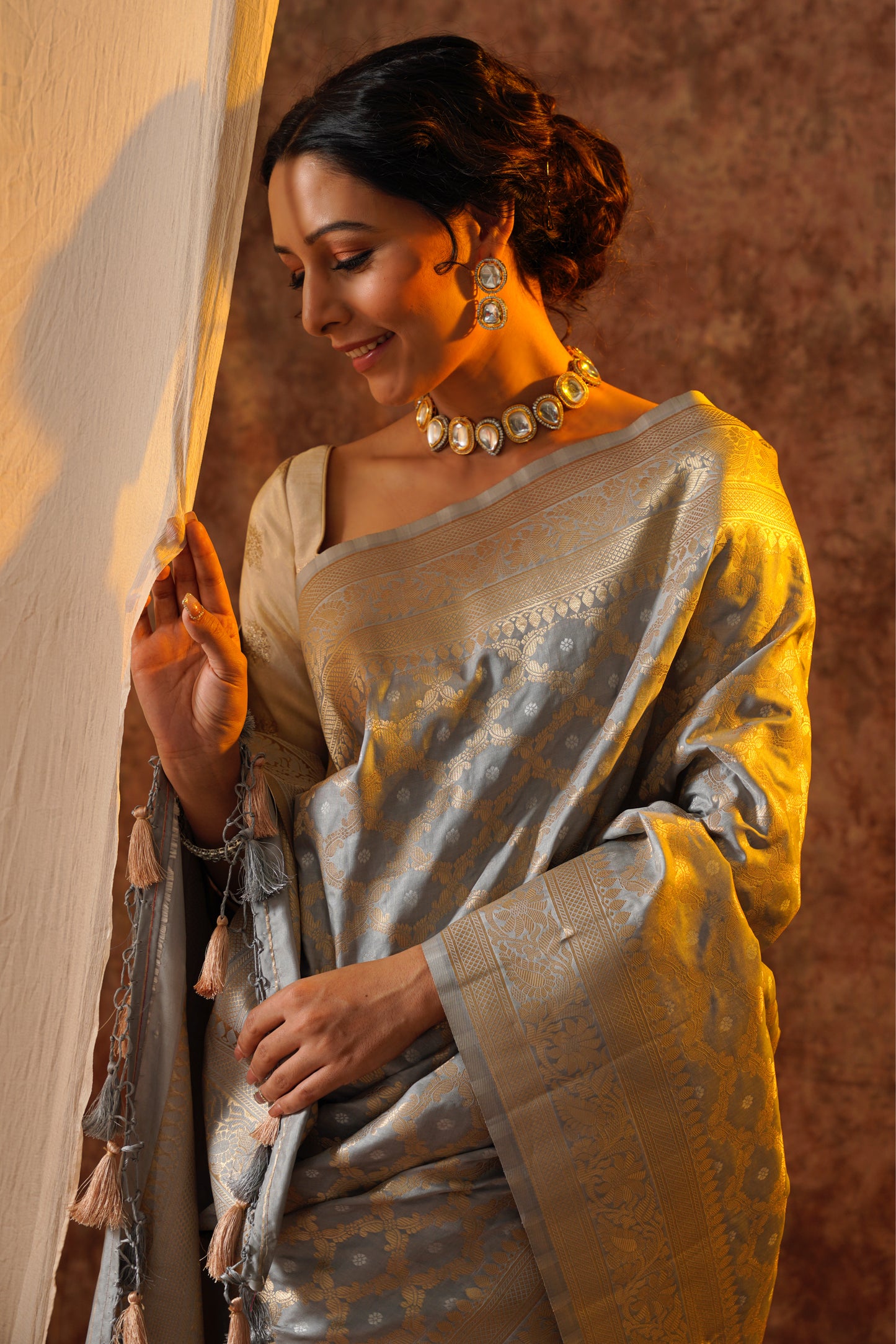 Grey Pure Katan Silk Handloom Meenakari Banarasi Saree.