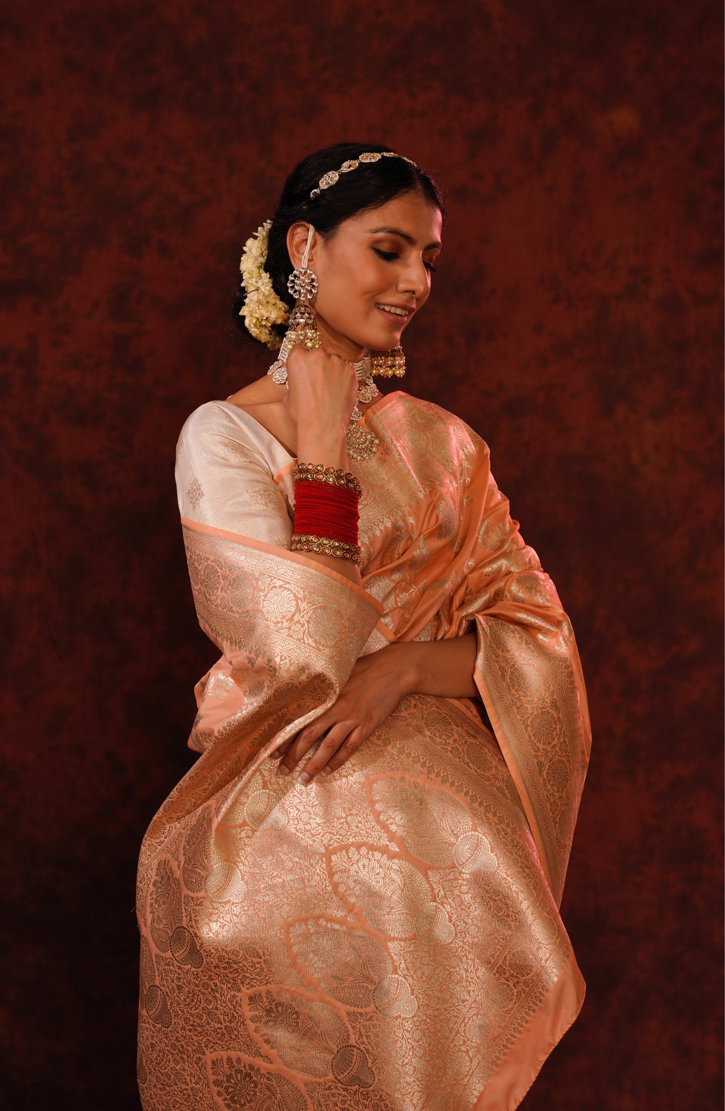 Tropical Peach Pure Katan Silk Handloom Banarasi Saree.