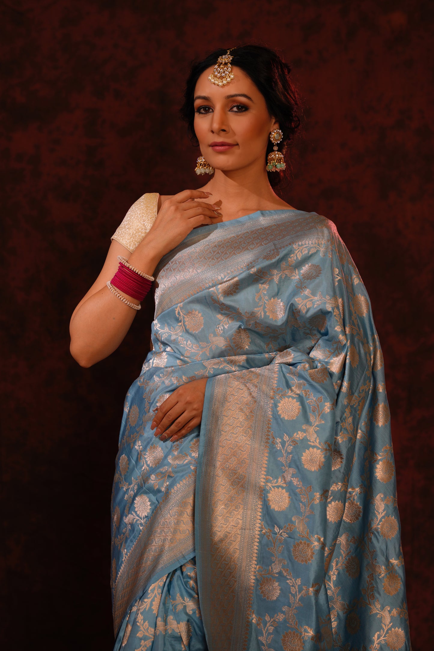 Sky Blue Pure Katan Silk Handloom Banarasi Saree.