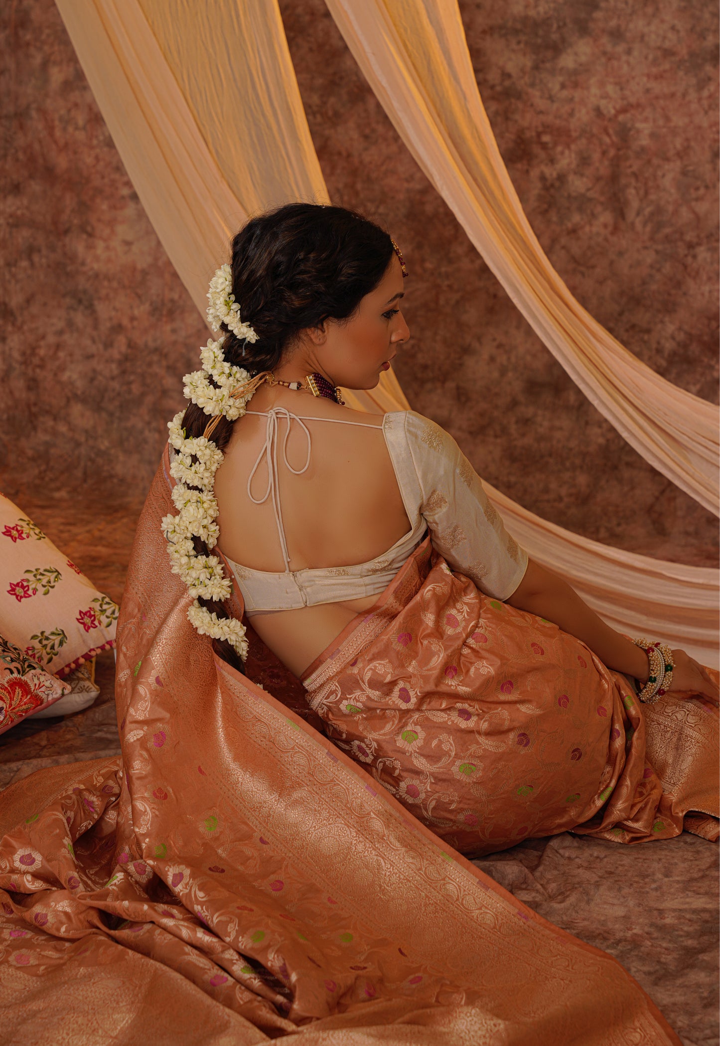Peach Pure Katan Silk Handloom Meenakari Banarasi Saree.