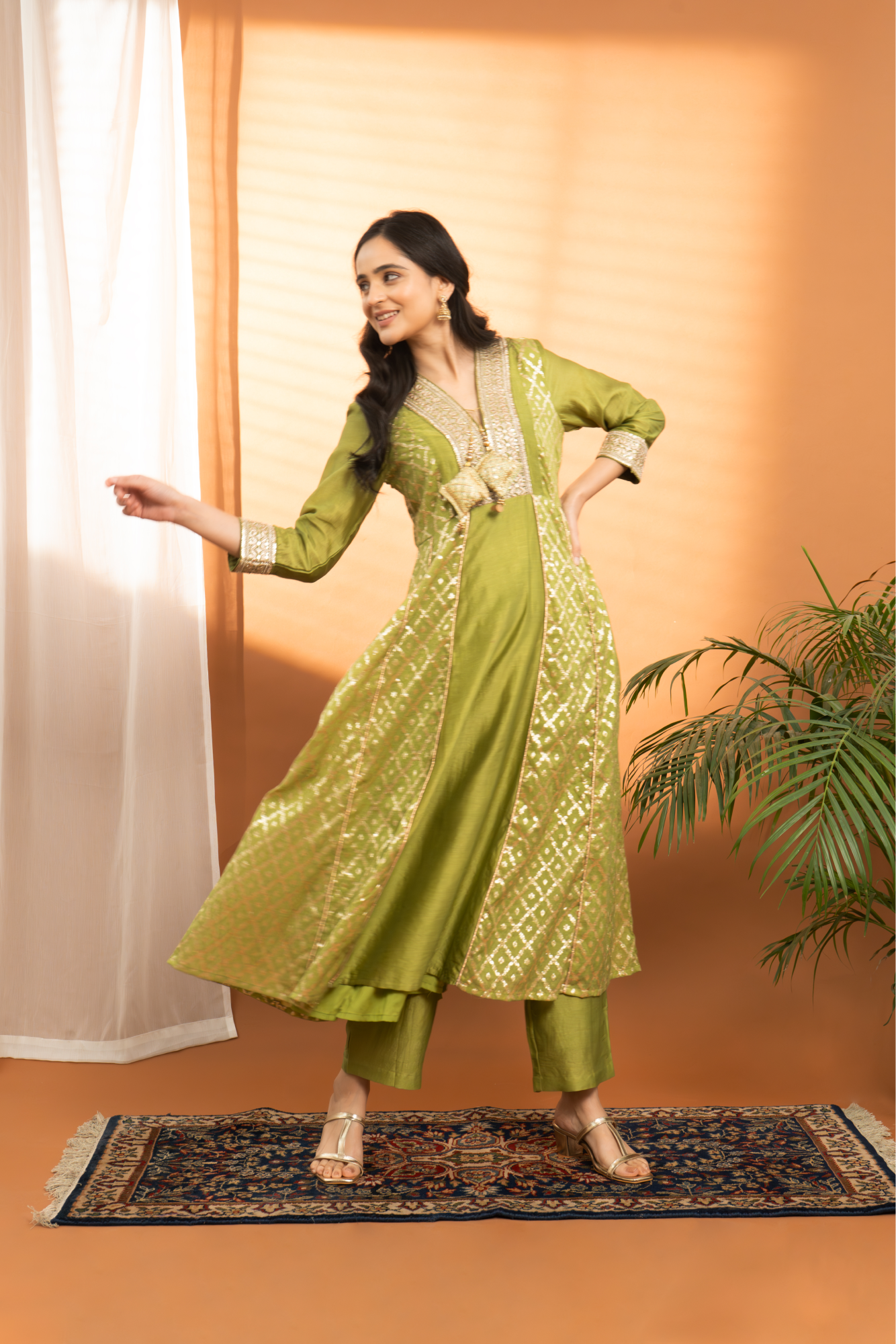 Mehendi Green Pure Chanderi Silk Anarkali Palazzo Set