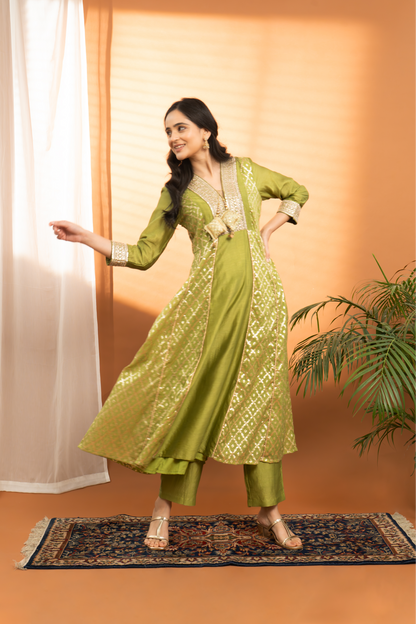 Mehendi Green Pure Chanderi Silk Anarkali Palazzo Set