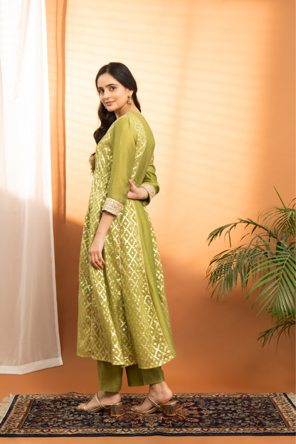 Mehendi Green Pure Chanderi Silk Anarkali Palazzo Set