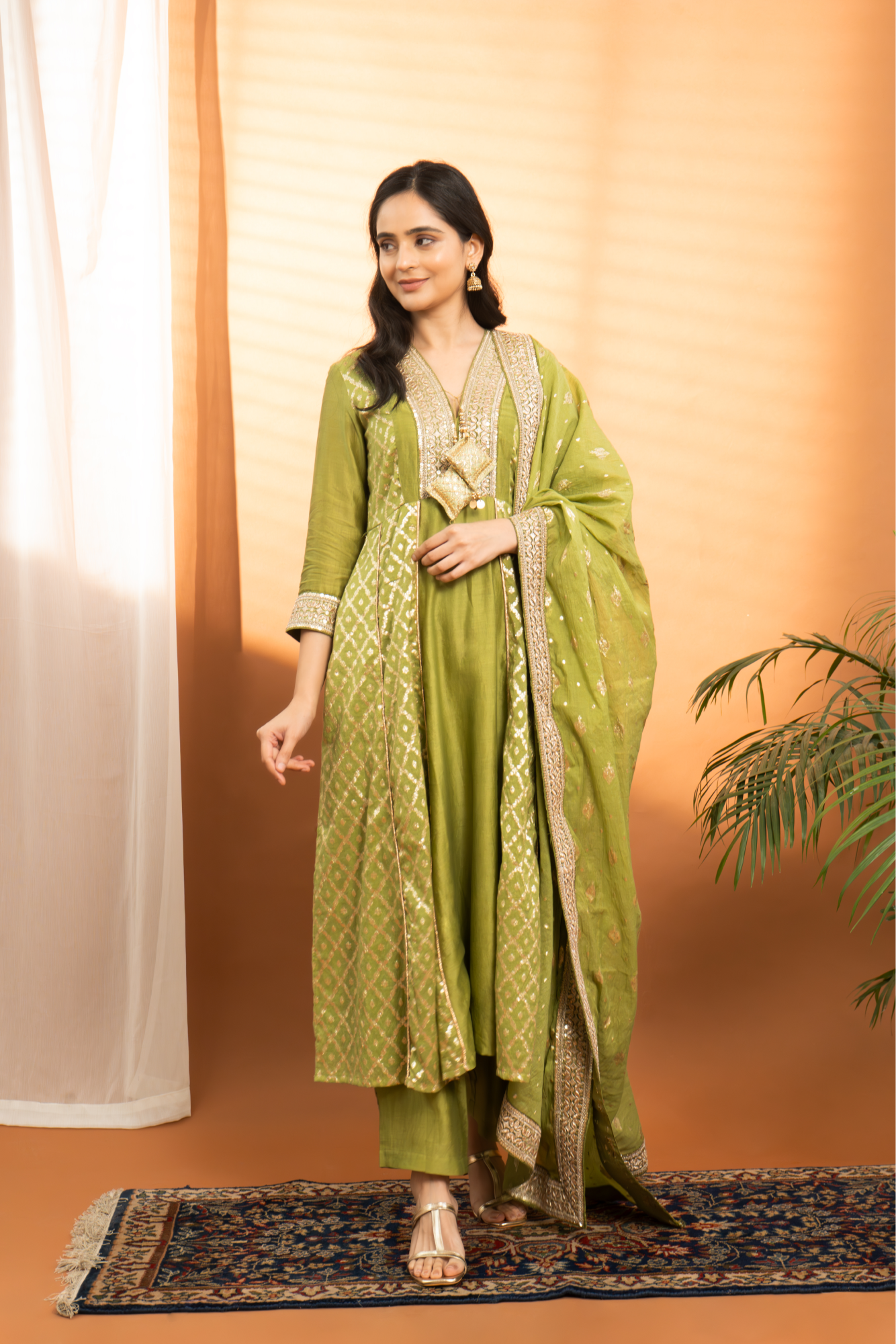 Mehendi Green Pure Chanderi Silk Anarkali Palazzo Set