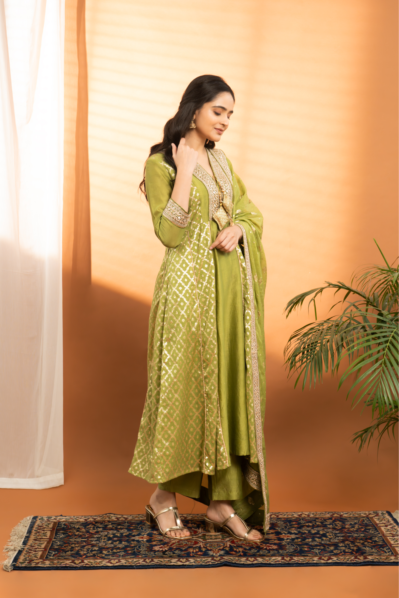 Mehendi Green Pure Chanderi Silk Anarkali Palazzo Set