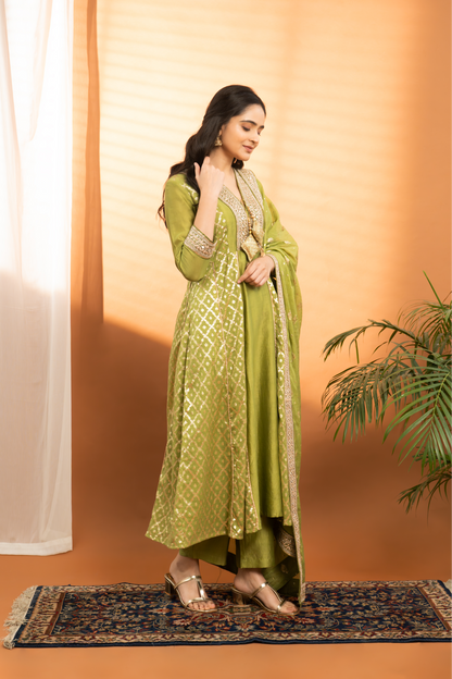 Mehendi Green Pure Chanderi Silk Anarkali Palazzo Set