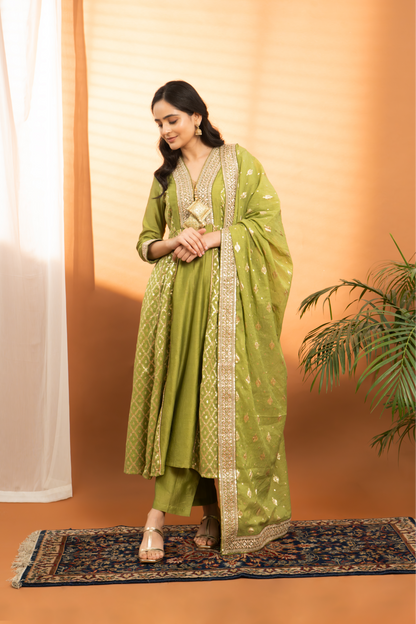 Mehendi Green Pure Chanderi Silk Anarkali Palazzo Set