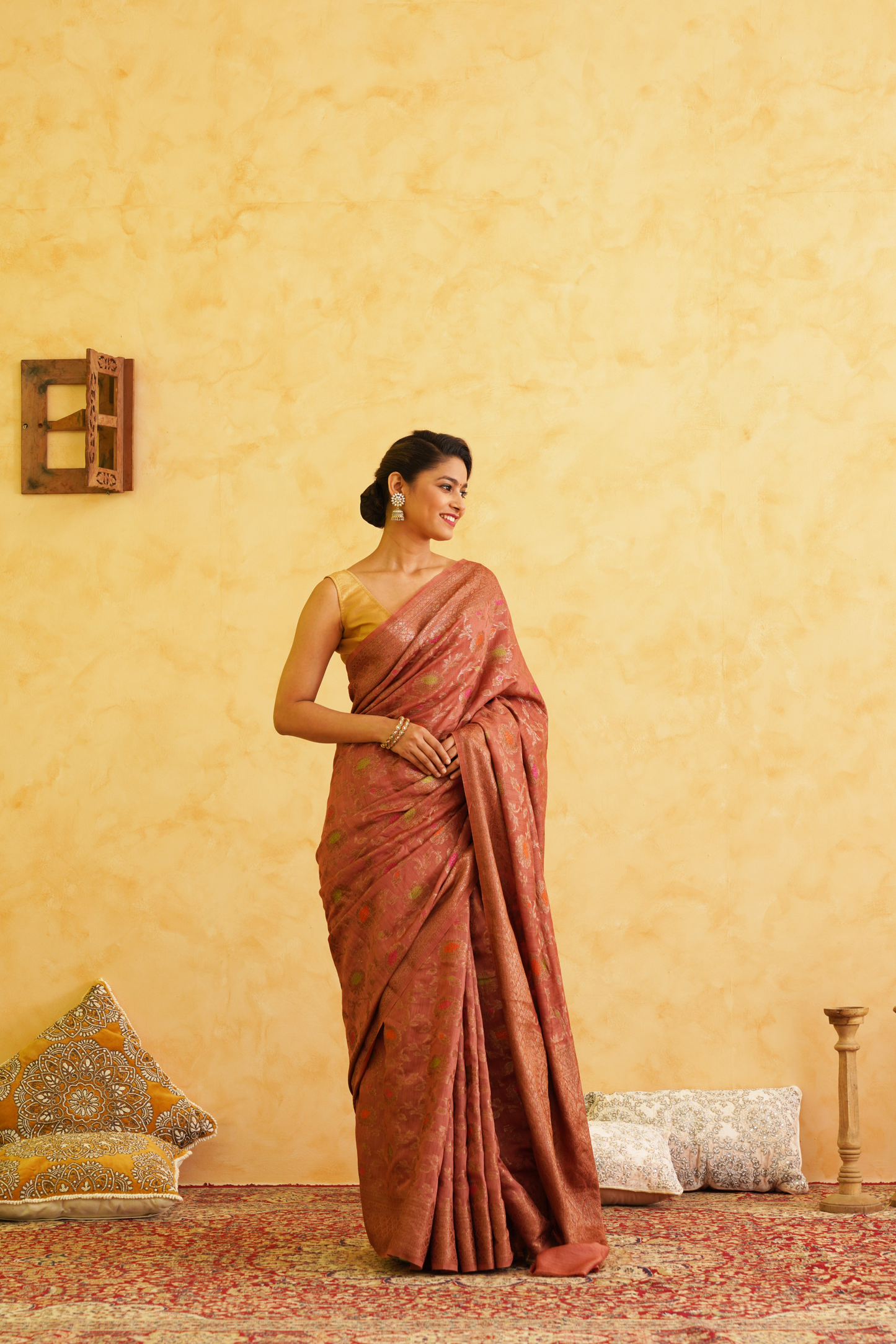 Brick Red Pure Moonga Silk Handloom Meenakari Banarasi Saree