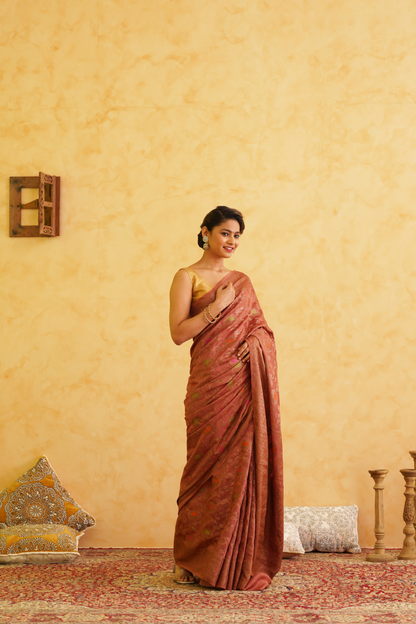 Brick Red Pure Moonga Silk Handloom Meenakari Banarasi Saree