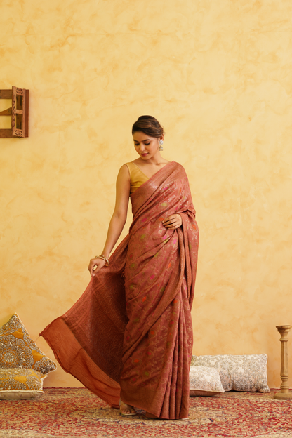 Brick Red Pure Moonga Silk Handloom Meenakari Banarasi Saree