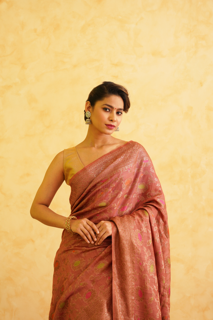 Brick Red Pure Moonga Silk Handloom Meenakari Banarasi Saree