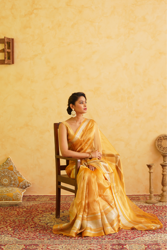 Yellow - Golden Pure Tissue Handloom Banarasi Saree