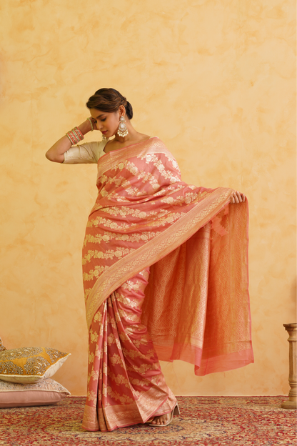 Gajri Pink Pure Moonga Silk Handloom Banarasi Saree