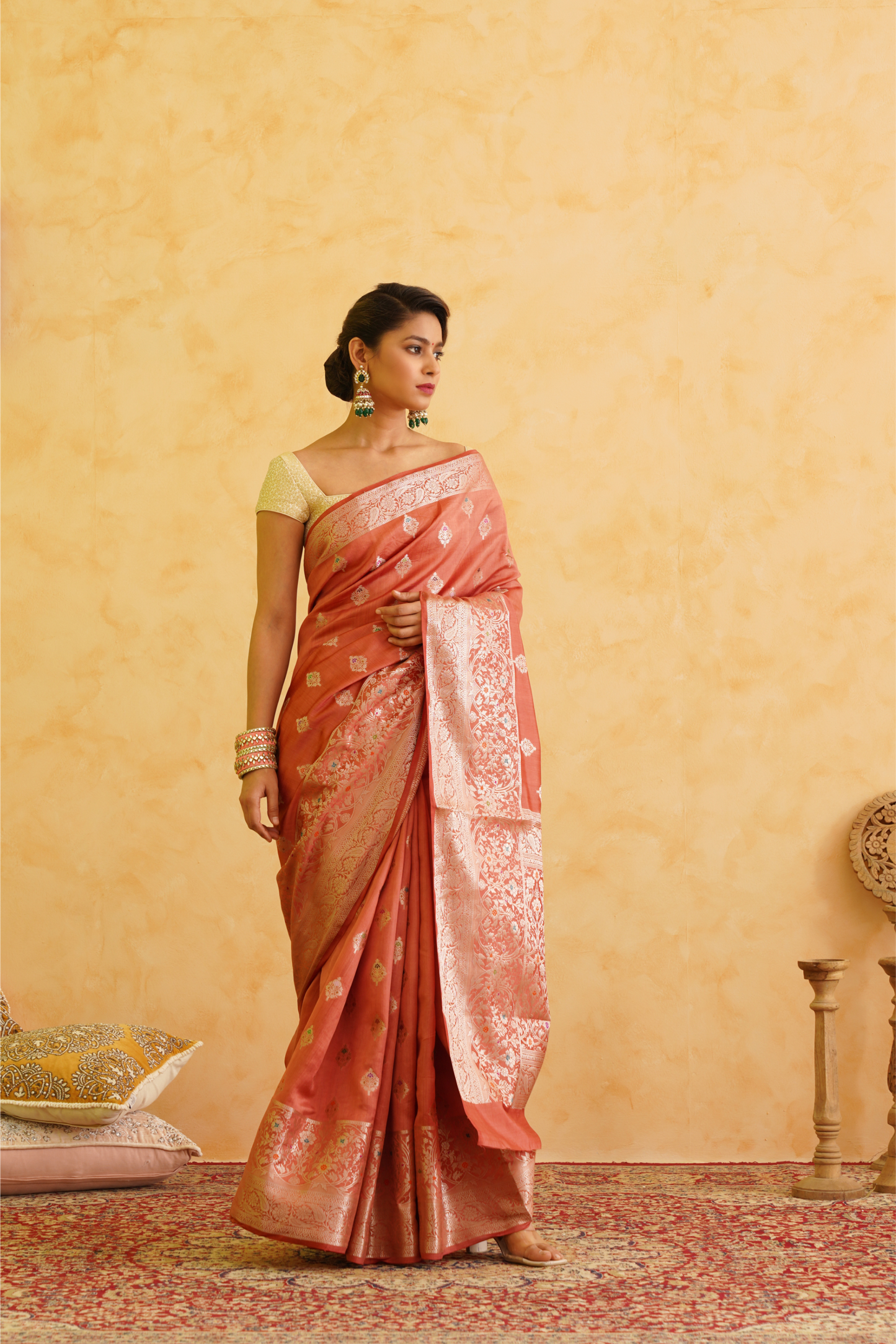 Apricot Peach Pure Silk Handloom Banarasi Saree