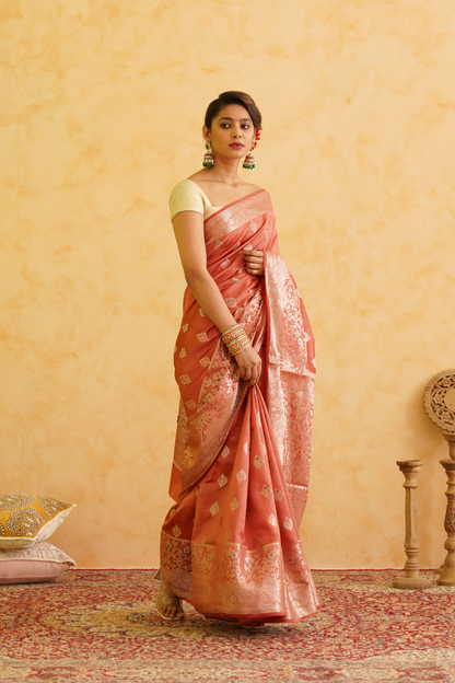 Apricot Peach Pure Silk Handloom Banarasi Saree