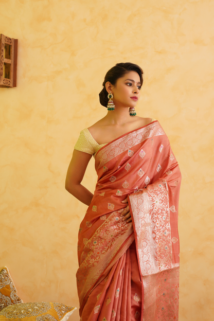 Apricot Peach Pure Silk Handloom Banarasi Saree