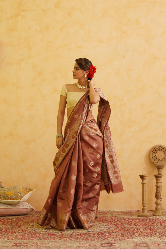 Mocha Brown Pure Silk Handloom Meenakari Banarasi Saree