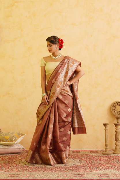 Mocha Brown Pure Silk Handloom Meenakari Banarasi Saree