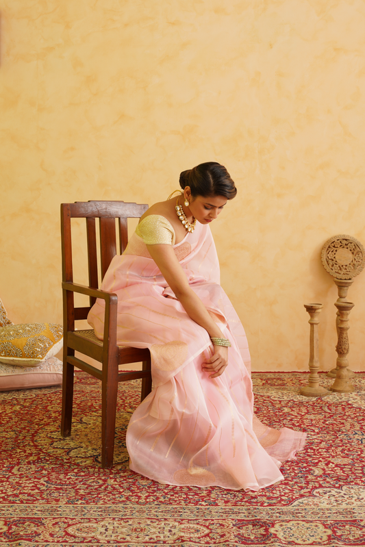Light Pink Pure Kora Silk Handloom Banarasi Saree