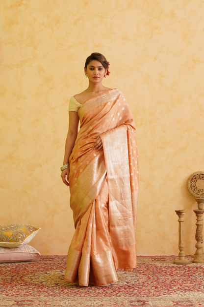 Light Orange Pure Chiniya Silk Handloom Banarasi Saree