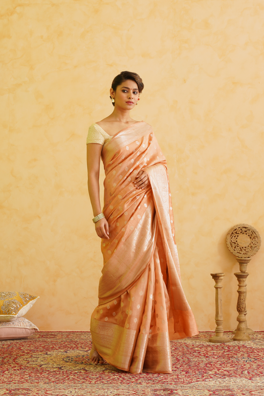 Light Orange Pure Chiniya Silk Handloom Banarasi Saree