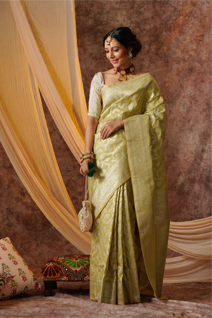 Pastel Green Pure Katan Silk Handloom Banarasi Saree.