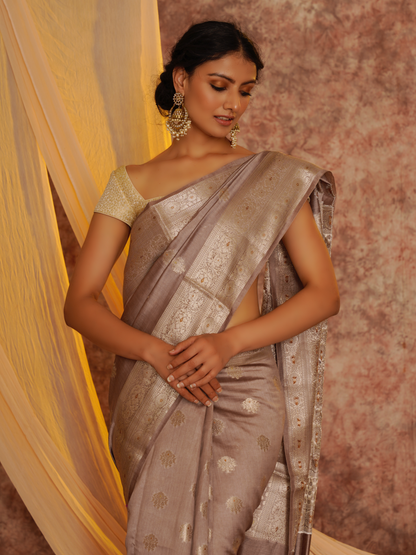 Mauve Pure Silk Handloom Meenakari Banarasi Saree.