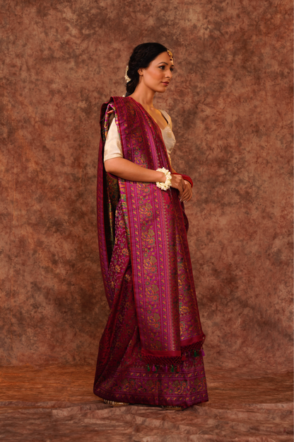 Floral Purple Silk Satan Handloom Banarasi Saree.