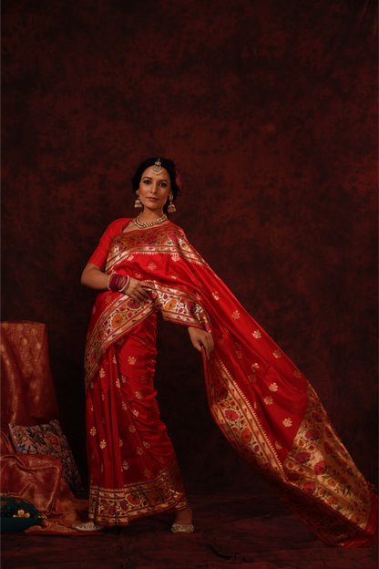 Red Pure Katan Silk Handloom Paithani Banarasi Saree.