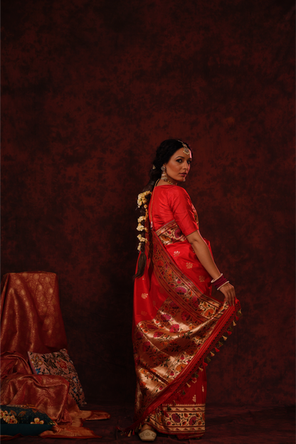 Red Pure Katan Silk Handloom Paithani Banarasi Saree.