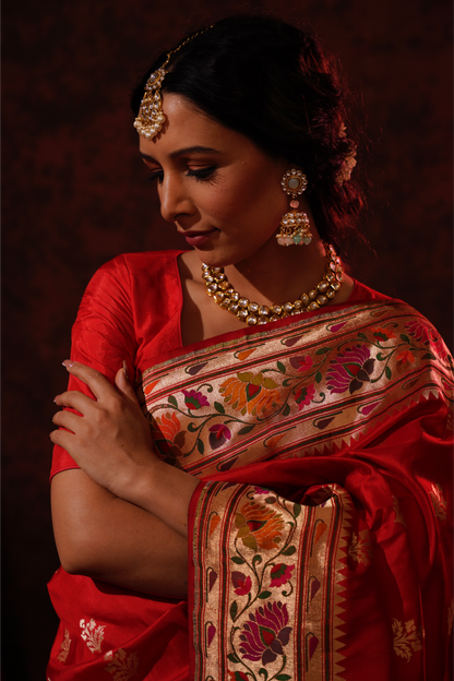 Red Pure Katan Silk Handloom Paithani Banarasi Saree.