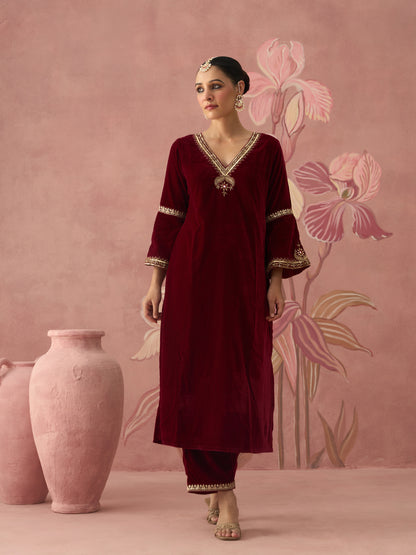 Sahiba Velvet Maroon Kurta Set
