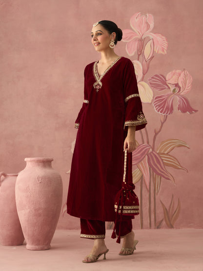 Sahiba Velvet Maroon Kurta Set