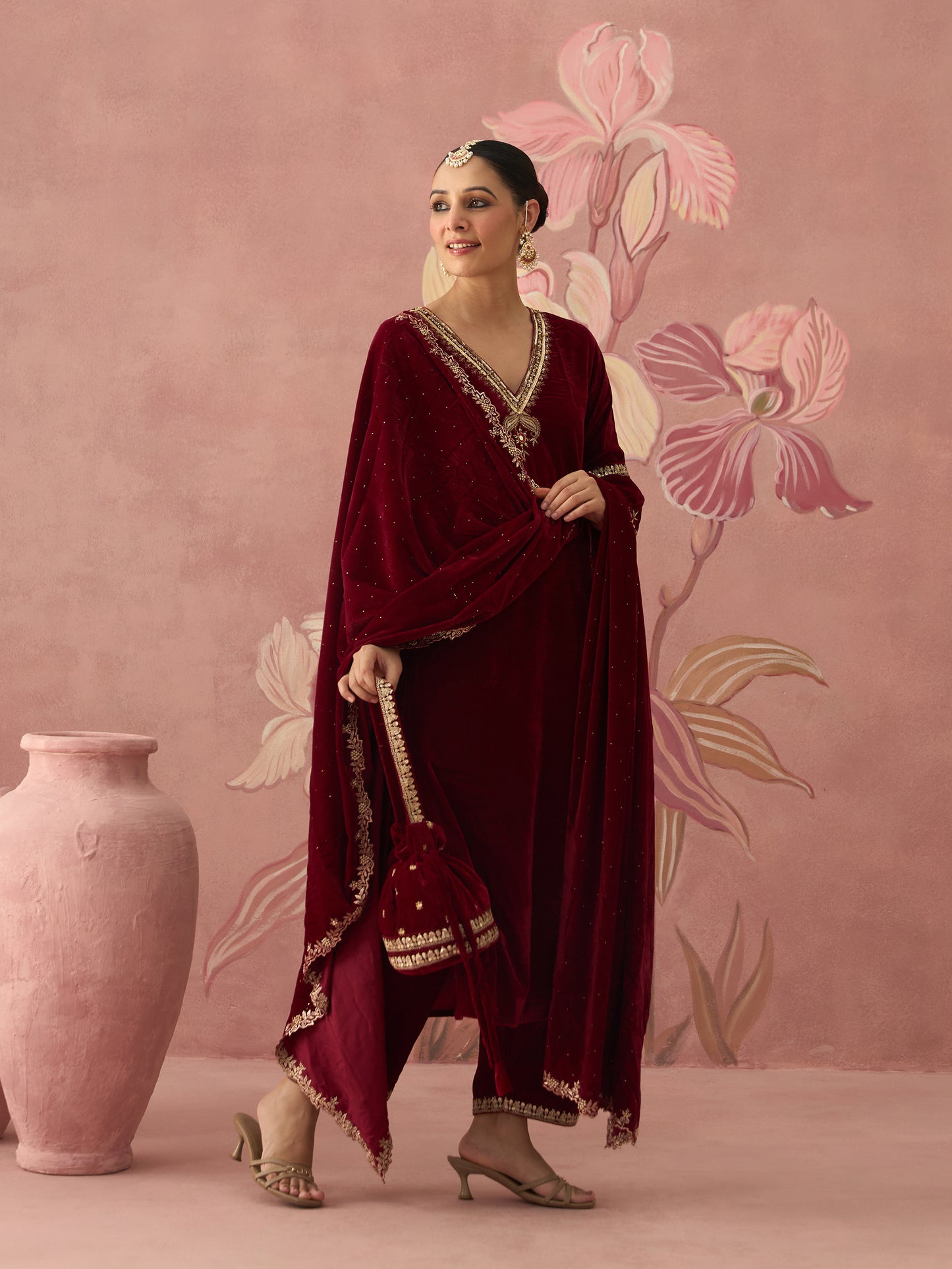 Sahiba Velvet Maroon Kurta Set
