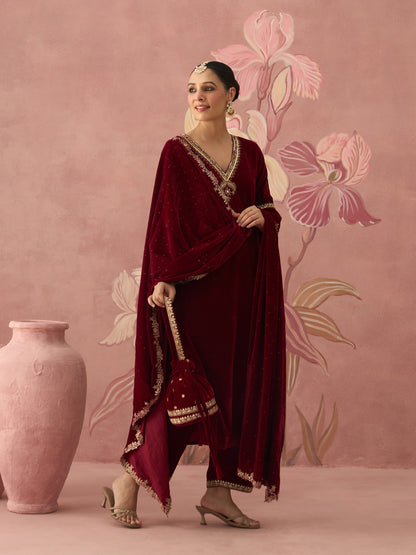 Sahiba Velvet Maroon Kurta Set