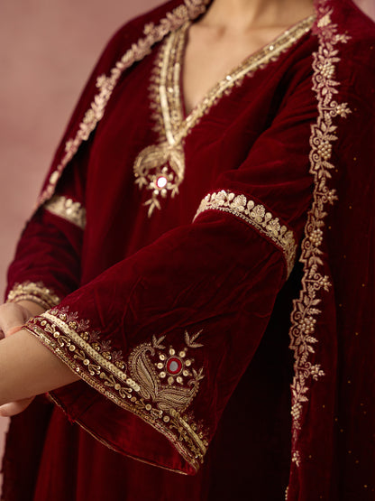 Sahiba Velvet Maroon Kurta Set