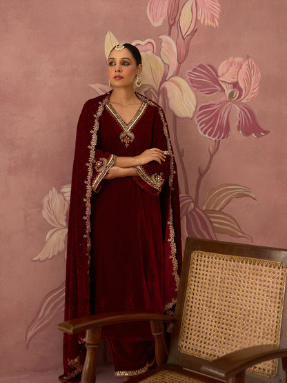 Sahiba Velvet Maroon Kurta Set