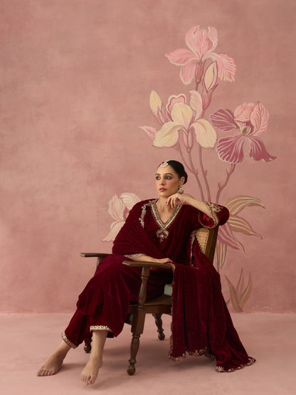 Sahiba Velvet Maroon Kurta Set
