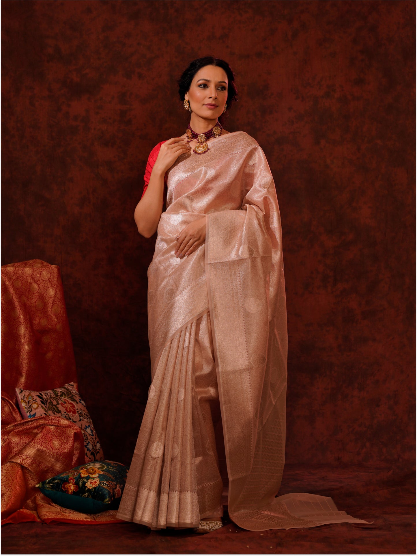 Rose Pink Pure Kora Silk Handloom Banarasi Saree