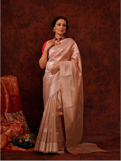 Rose Pink Pure Kora Silk Handloom Banarasi Saree