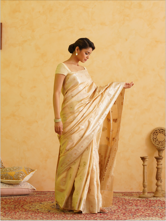 Cream Pure Silk Handloom Meenakari Banarasi Saree